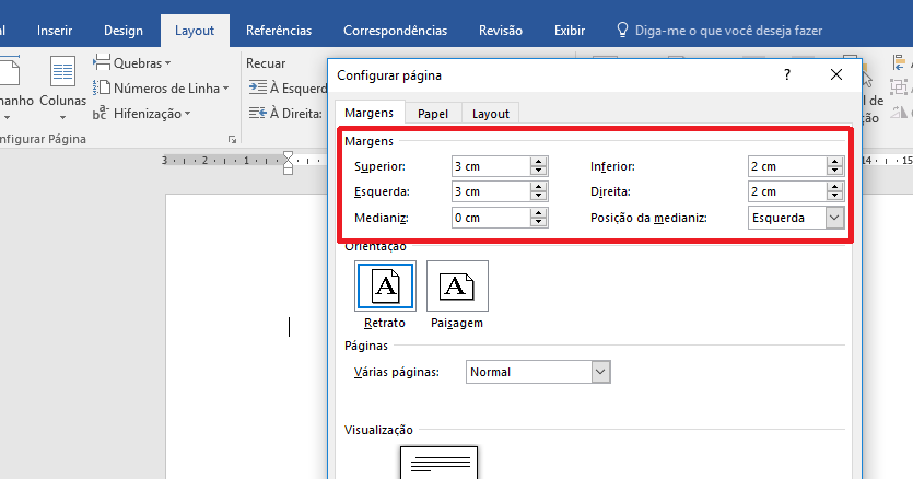 Imagem de uma tela de documento Word mostrando como configurar (em “Configurar página”) as medidas corretas das margens de um trabalho baseado nas regras ABNT.